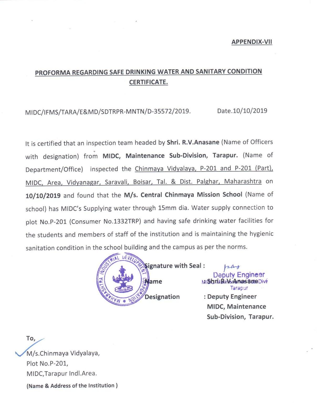Water, Health and Sanitation certificate